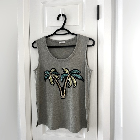 RIANI Tops - RIANI Sequin Palm Tree Tank Top Green Metallic Knit Sleeveless